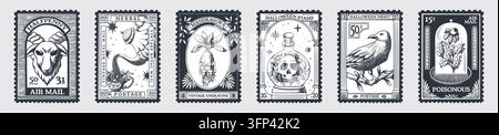 Vintage Halloween stamp set with sketch design. Vector illustration of spooky skull in glass bottle, magic poisonous plants, and creepy bird on branch in retro postage frames, hand-drawn horror icons Stock Vector