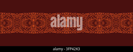 Ethnic African pattern with geometric borders and orange tribal motifs on brown. Vector illustration of seamless design with traditional aztec elements, indigenous african symbols for textile prints Stock Vector