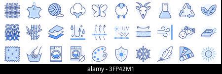 Fabric feature line icon set. Cotton fiber, cashmere wool, leather swatch, lightweight textile, breathable material symbol linear vector illustration Stock Vector