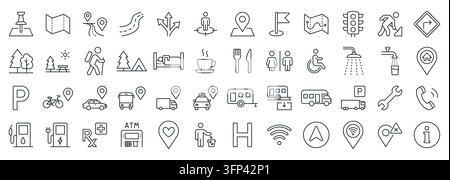 Location line icon set. Travel navigation, map pin, road route, camping, transport, parking, lodging, amenities symbol linear minimal vector Stock Vector