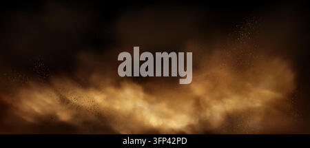 Dusty brown smoke clouds with flying sand particles isolated on black background. Realistic vector illustration for overlay effects and motion graphics. Abstract desert smog with sandstorm texture. Stock Vector