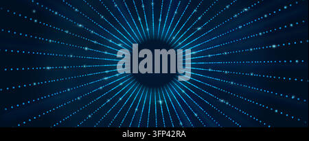 Abstract halftone tunnel with neon glowing light dots, ripple texture. Modern vector background with radial depth. Circular frame pattern with blue luminous effects and geometric tech design Stock Vector