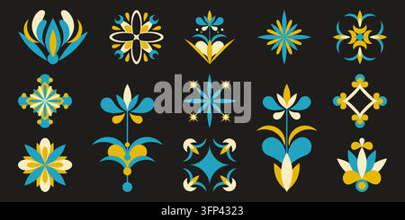 Mediterranean flower elements collection with blue Turkish floral patterns and Portuguese azulejo designs. Traditional ornamental vector set with geometric motifs for Mediterranean-inspired projects. Stock Vector