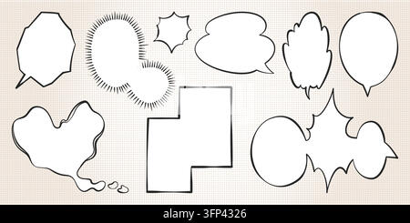 Comic speech bubbles on retro halftone dots background. Vibrant cartoon dialogue frames for manga-style messages and playful pop art conversations. Vector speech balloons in various shapes and forms. Stock Vector