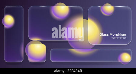 Transparent glass morphism UI elements set. Vector realistic illustration of frosted square button and rectangular panel, translucent card design for modern digital interface and tech application Stock Vector