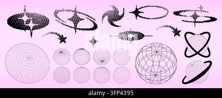 Y2K pixel art collection with bitmap stars and cosmic spheres. Retro digital icons with halftone space graphic and futuristic elements for trendy designs. Vector wireframe globes and retro sparks. Stock Vector