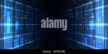 Data center background with glowing blue servers and abstract digital network infrastructure. AI cloud computing platform, vector visualization for tech business and secure storage solutions. Stock Vector