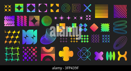 Bold geometric gradient shapes and brutalist symbols isolated vector set. Modern abstract collection with vibrant psychedelic elements and brutalism designs for trendy logos and y2k graphics. Stock Vector