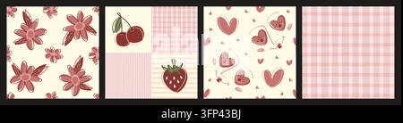 Seamless girly patterns with cute heart doodles and whimsical coquette icons. Pink vintage collection for romantic prints. Vector backgrounds set for love-themed holiday and Valentine Day cards Stock Vector