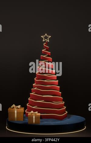 Luxurious holiday decoration featuring illuminated spiral tree and gift boxes on dark backdrop Stock Photo
