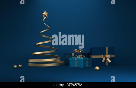 Golden ribbon forming a minimalist christmas tree with a star, standing next to blue and teal gift boxes Stock Photo