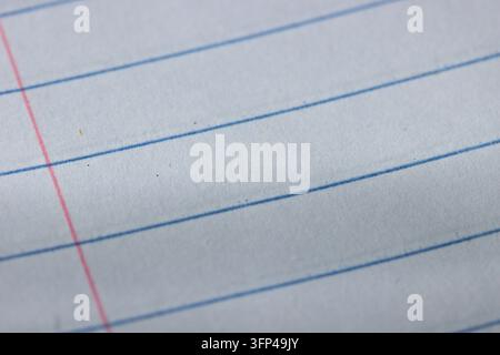 Macro close-up of ruled notebook paper showing blue horizontal lines, a red margin line, and visible paper fibers with shallow depth of field. Stock Photo