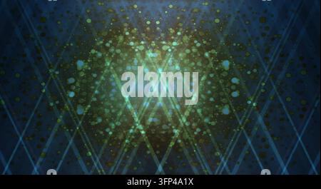 An abstract dark background with blue and green glowing neon diagonal light rays and sparkling particle effects. Stock Photo