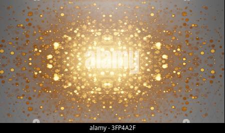 Symmetrical golden bokeh particle burst background design featuring central radiance and intricate dot patterns radiating outwards. Stock Photo