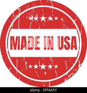 Round red rubber stamp icon with made in usa text and five stars in vintage style for domestic manufacturing labeling. Stock Vector