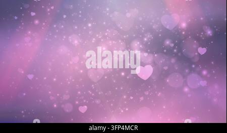 Abstract background featuring glowing hearts and bokeh lights in vibrant purple and pink tones. Stock Photo