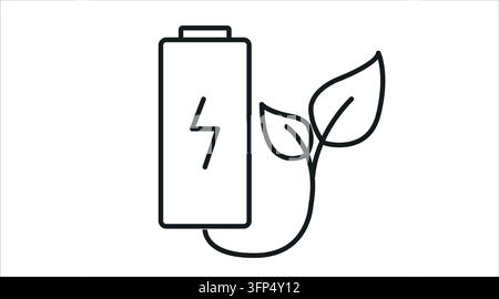 Eco battery with green leaves and lightning bolt vector icon. Black line art style on white background. Stock Vector