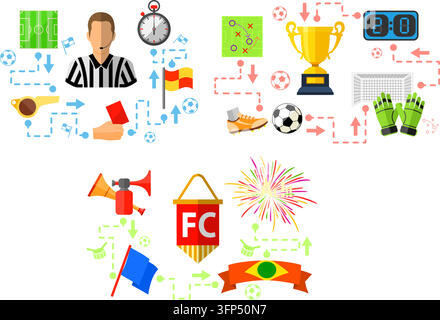 Three horizontal Vector banners in style flat with different icons on theme of soccer, football, fans, referee, such as ball, red card, trophy, goal s Stock Vector