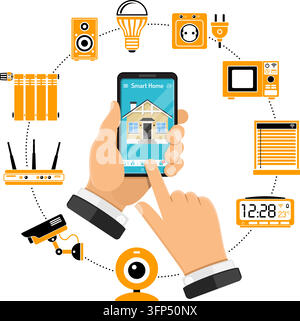 Smart Home and internet of things concept with flat icons. Man holding smartphone in hand and controls smart home devices like security camera, router Stock Vector