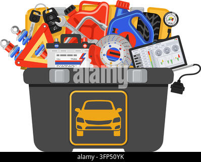Auto Service Concept with Car tools and toolbox in hand car mechanic flat Icons. Isolated vector illustration. Stock Vector