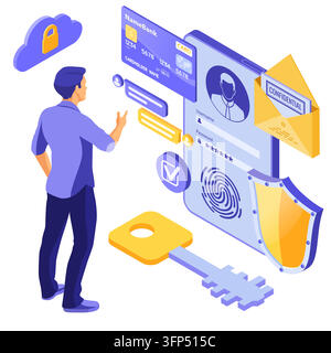 Personal data protection, internet security. phone with confidential data protection, shield, user login form. antivirus hacking isometric concept. is Stock Vector