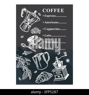 Coffee menu drawn in white chalk on a black board, featuring a teapot, cup, milk pitcher, croissant and coffee beans. Hand drawn vector illustration Stock Vector
