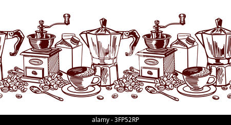 Coffee cup, teapot, coffee grinder and roasted beans. Seamless horizontal border. Hand drawn vector illustration in line art style with detailed Stock Vector