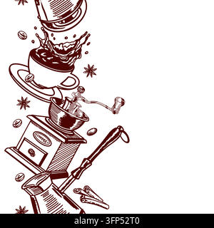 Coffee cup with splashes, coffee grinder, cinnamon and roasted beans. Seamless vertical border. Hand drawn vector illustration in line art style with Stock Vector