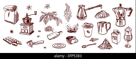 Coffee set. Cup, coffee pot, roasted beans, leafy branch, splashes, chocolate, croissant, milk jug and cinnamon. Hand drawn vector illustration in Stock Vector