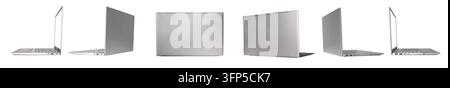Silver laptop, open notebook from multiple angles, isolated on white background. Portable computer mockup with side, back and rear views, keyboard vis Stock Photo