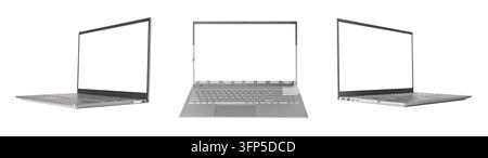 Laptop mockup set, blank screen notebook computer isolated on white. Silver aluminum device with empty display and open keyboard in three angles. Fron Stock Photo