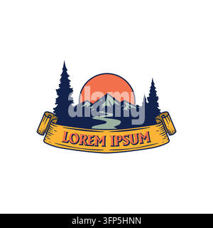 Vintage Outdoor Nature Landscape Scroll Ribbon Badge Icon Symbol Graphic Vector Illustration For Adventure Hiking Camping Club Tourism Travel Agency B Stock Vector
