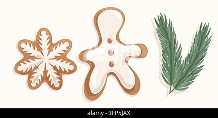 Flat lay Christmas gingerbread man cookie vector elements set isolated on background. Cozy eco winter holiday snowflake biscuit with pine branch Stock Vector
