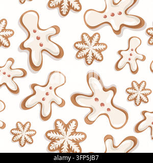 Cozy Christmas gingerbread man cookie seamless pattern on white background. Minimalist snowflake biscuit vector texture for holiday packaging Stock Vector