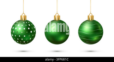 Three green Christmas ornaments with star, plain, and wave patterns hanging on strings on a white background. Stock Vector