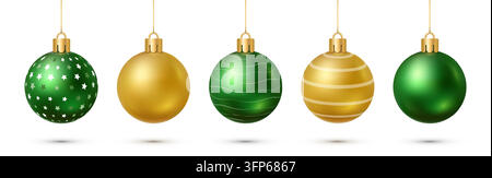 Set of five Christmas ornaments with star, wave, and stripe patterns hanging on strings on a white background. Stock Vector
