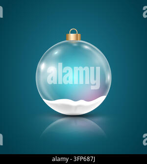 Transparent Christmas ball with snow at the bottom and colorful glow inside on a dark teal background. Stock Vector