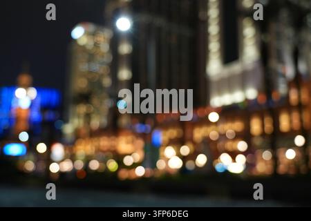 Night city lights blurry texture. Abstract night city defocused street background of Taipa in Macau, China. Stock Photo