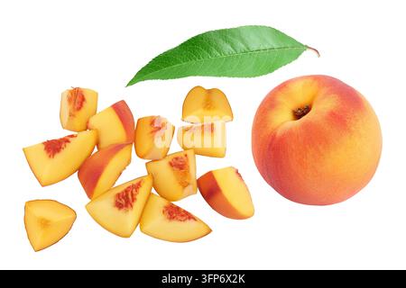 ripe peach pieces isolated on white background. Top view. Flat lay Stock Photo