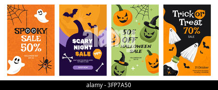 Halloween sale banners set with cute ghosts pumpkins bats spider and spooky discounts vector illustration Stock Vector