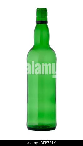 An empty green glass bottle with a black screw cap, isolated on a white background. The bottle has a classic shape with a straight neck and thread, id Stock Photo