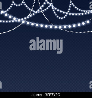 White holidays lights isolated realistic design elements. Glowing lights for greeting card design. Garlands, Christmas party decorations. Stock Vector