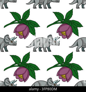 Seamless vector pattern with cute cartoon triceratops dinosaurs and purple hellebore flowers Stock Vector