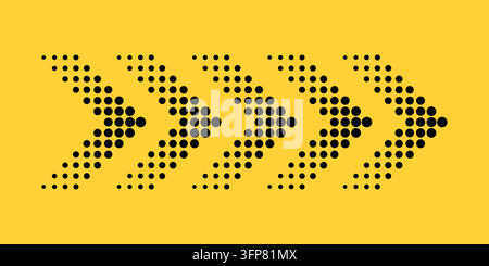 Chevron arrow. Abstract halftone arrow pattern with repeated dotted chevron shapes in black on bright yellow background, modern geometric pop art desi Stock Vector