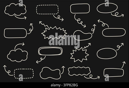 Hand drawn chalk speech bubble and callout frame collection with curved arrows, blank labels, sketchy outlines and doodle shapes for social media Stock Vector
