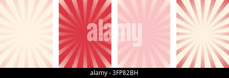 Valentine halftone radial burst background collection in soft pink, blush, red and cream, romantic vintage comic sunburst pattern, dotted rays and ret Stock Vector