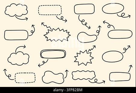 Hand drawn speech bubbles and callout frames with curved arrows, dashed outlines, comic bursts and organic shapes, minimalist black line art Stock Vector