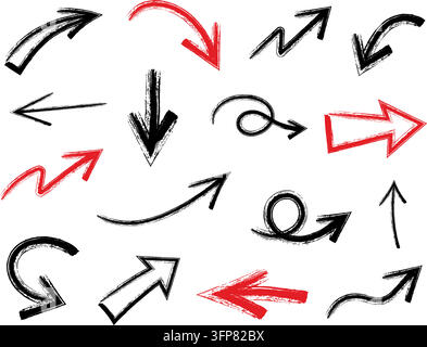 Hand drawn grunge arrows collection with curved, straight, looping and dynamic directional arrow designs in black and red, rough brush texture Stock Vector