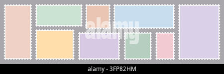 Pastel postage stamp collection with perforated edges, colorful blank paper interiors and geometric rectangular layouts, minimalist postal design Stock Vector