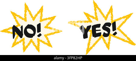 Hand drawn comic speech bubbles with bold NO and YES lettering, yellow starburst stickers, expressive doodle labels for social media, comments, polls Stock Vector